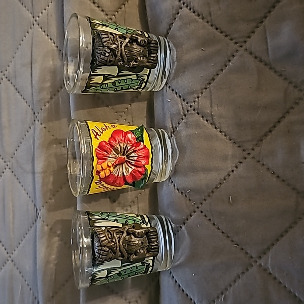 Set of 3 Hawaiian Themed 3D Shotglasses Hawaii Hibiscus and Two Tiki Head 🌺